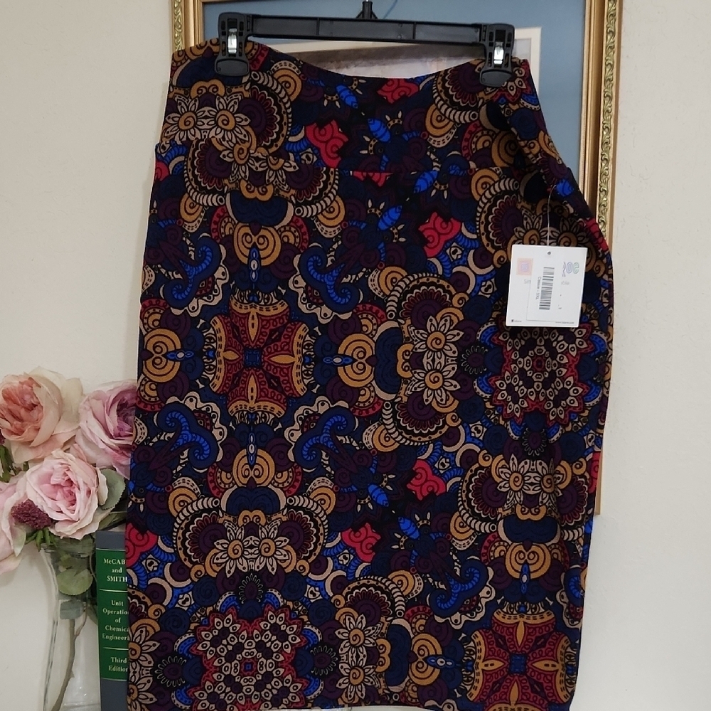 LuLaRoe Blue Red Embellished Pencil Midi Skirt